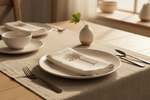 Hand block napkin folded on stacked plates in a linen table setting with a small ceramic bud vase.