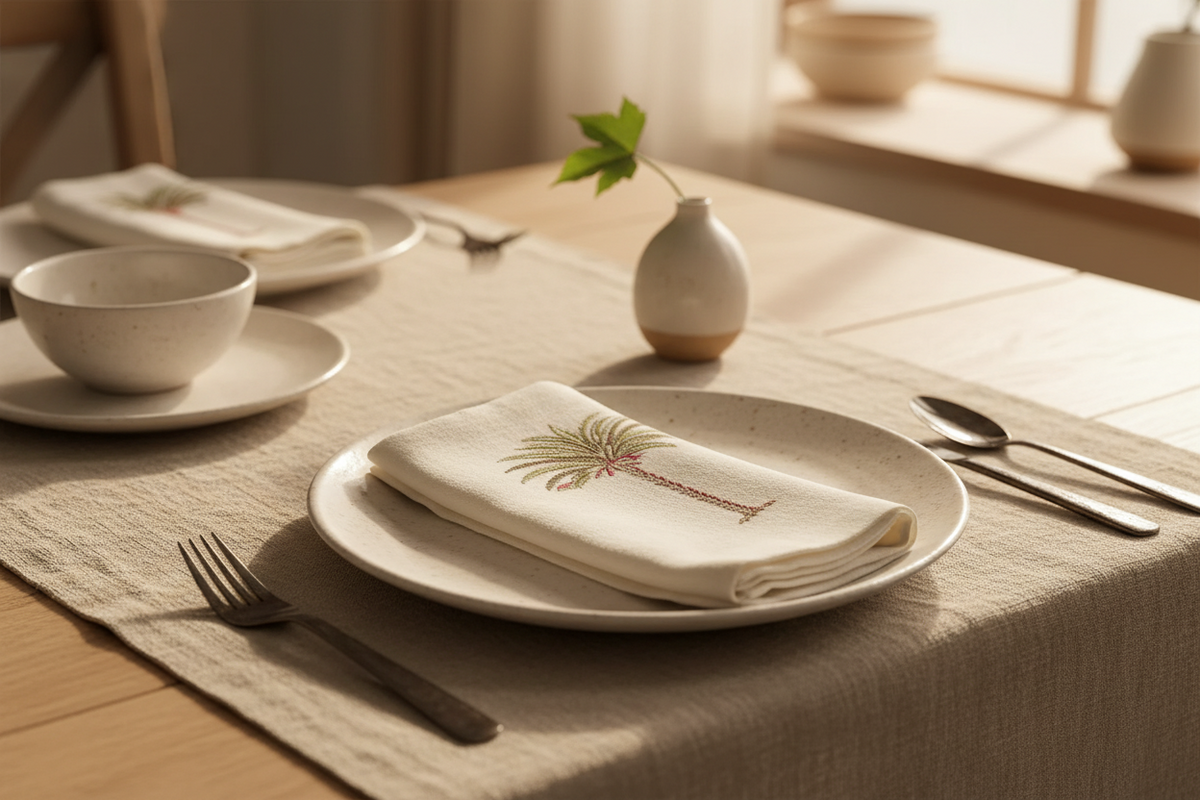 Hand block napkin folded on stacked plates in a linen table setting with a small ceramic bud vase.