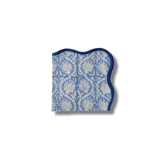 Hand Block Print Blue Wave Scallop Cotton Napkin Set of 4 - MAIA HOMES