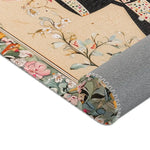 Hand-Painted Floral Rug - Rug corner detail with cream center botanical print in pink and white florals, grey anti-slip underside visible