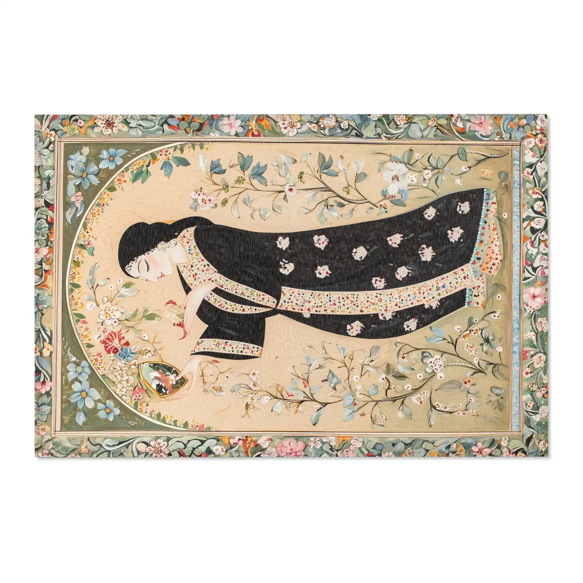 Hand-Painted Floral Rug - Landscape Persian miniature reclining woman in black floral robe with mirror and bird, sage botanical border