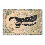 Hand-Painted Floral Rug - Landscape Persian miniature reclining woman in black floral robe with mirror and bird, sage botanical border
