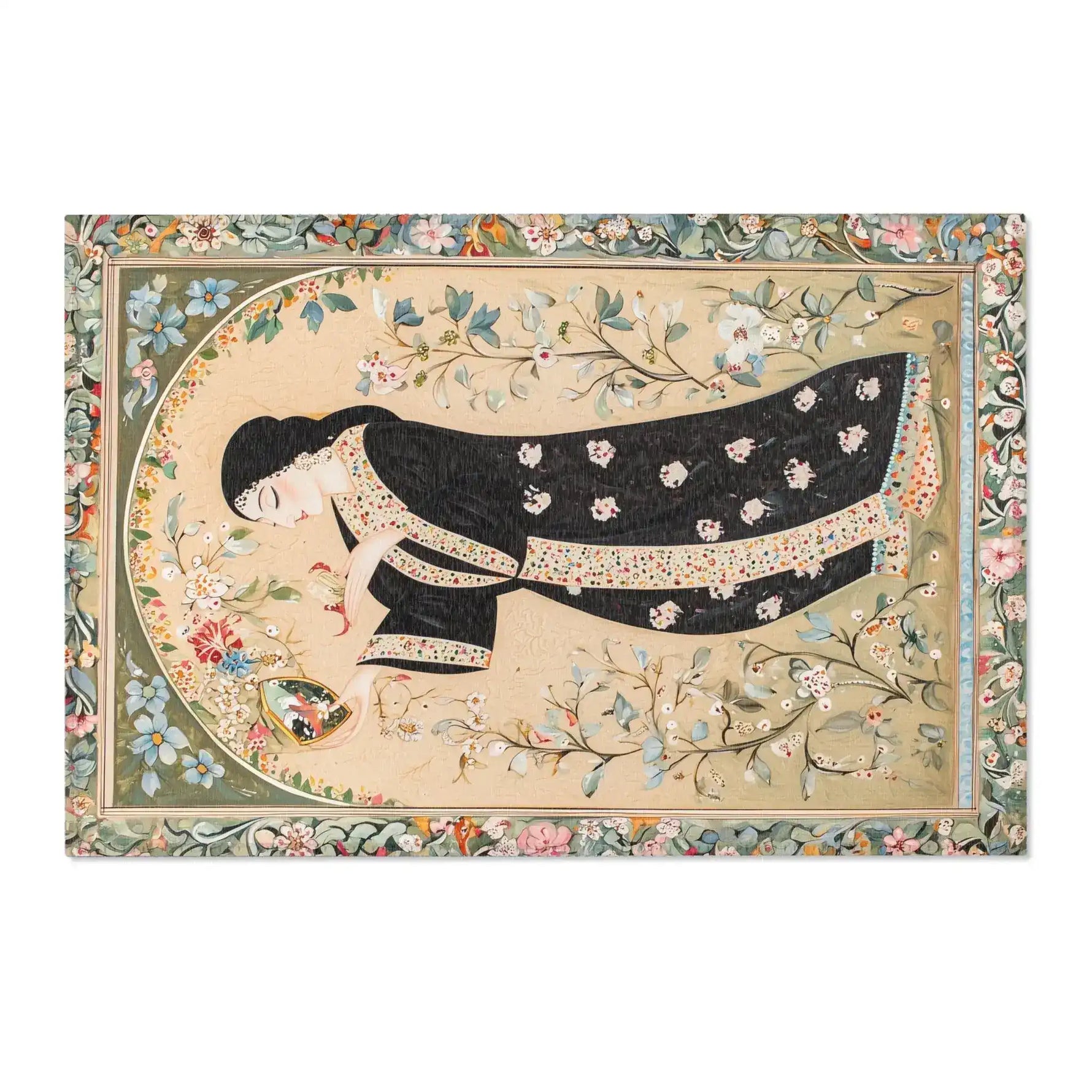 Hand-Painted Floral Rug - Landscape Persian miniature reclining woman in black floral robe with mirror and bird, sage botanical border