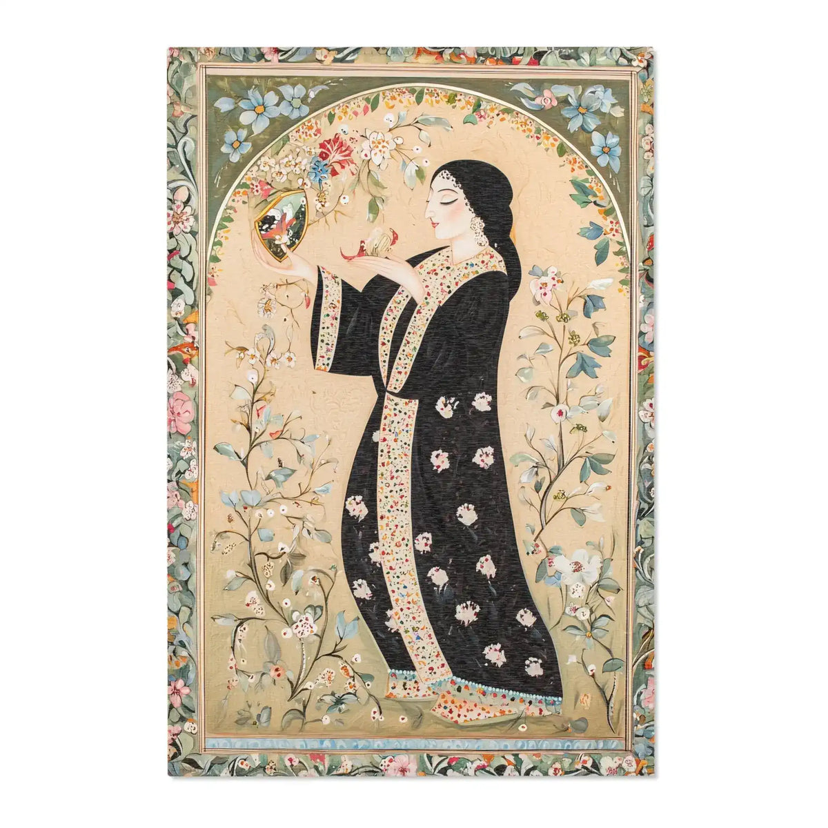 Hand-Painted Floral Rug - Persian miniature portrait of woman in black floral robe holding mirror, colorful botanical arch border, ivory ground