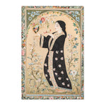 Hand-Painted Floral Rug - Persian miniature portrait of woman in black floral robe holding mirror, colorful botanical arch border, ivory ground