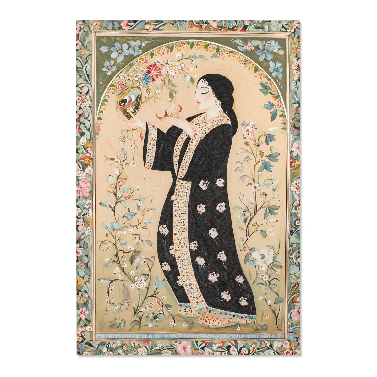 Hand-Painted Floral Rug - Persian miniature woman in black floral robe holding decorative mirror, full ornate floral border with pink blooms