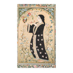 Hand-Painted Floral Rug - Persian miniature standing woman in black embroidered robe with mirror, sage floral backdrop, cropped view