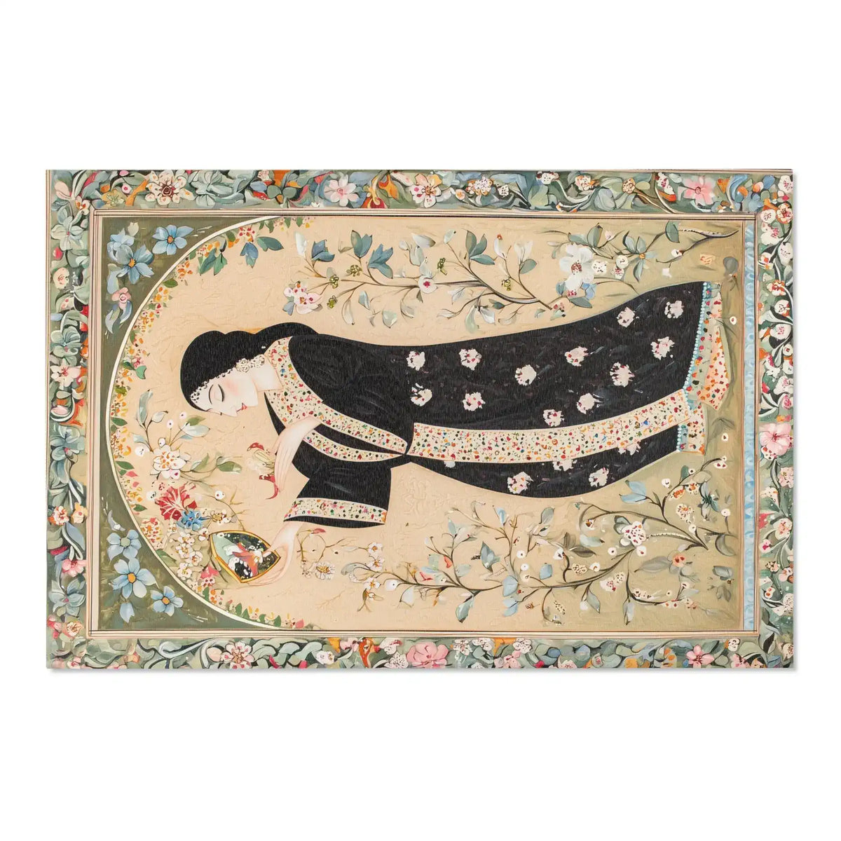 Hand-Painted Floral Rug - Reclining Persian miniature in black floral robe, cream ground with botanical vines, full floral border