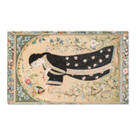 Hand-Painted Floral Rug - Reclining Persian miniature figure in black floral robe holding mirror, green floral frame, compact border view