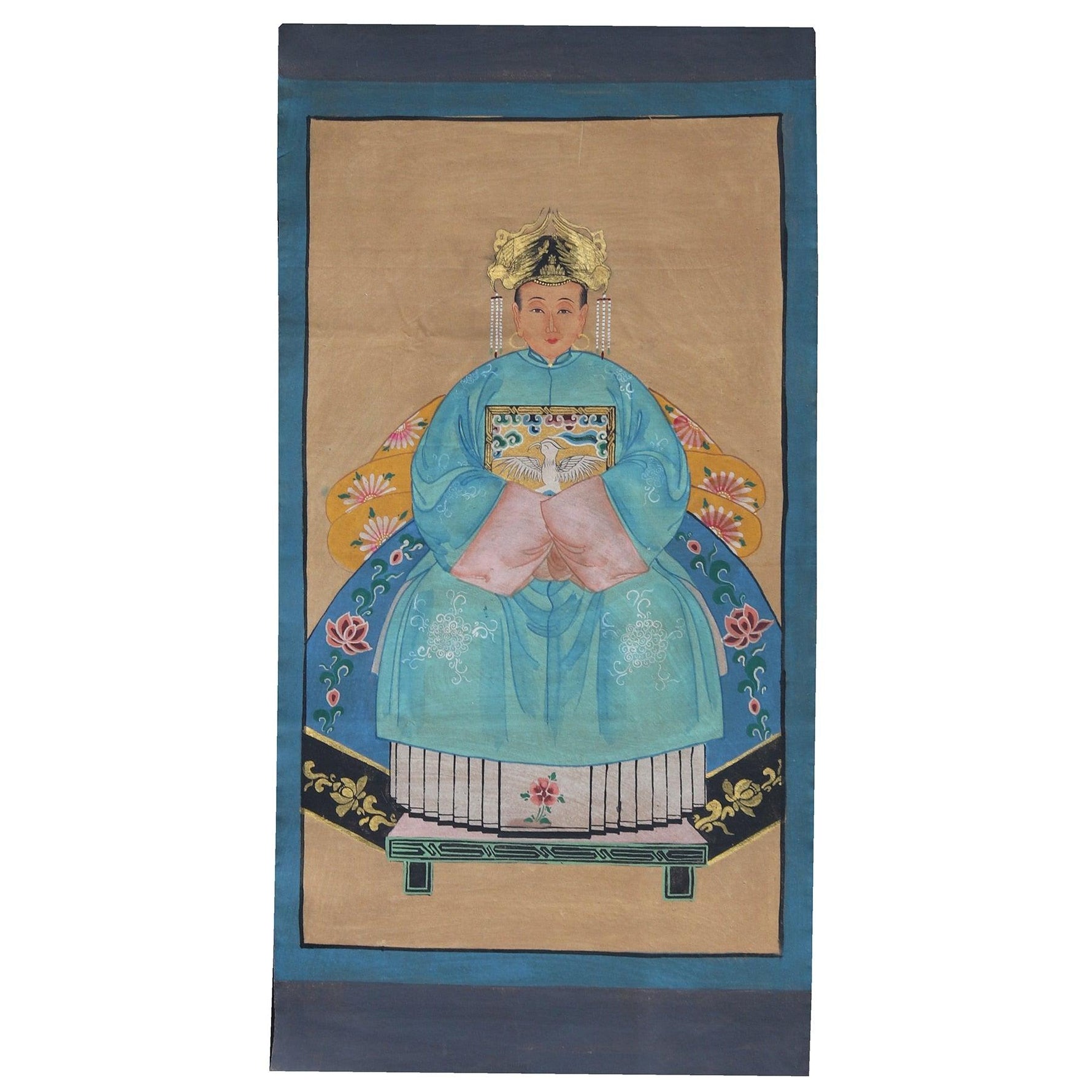 Hand-Painted Qing Dynasty Ancestors in Blue Dresses Wall Canvas Art