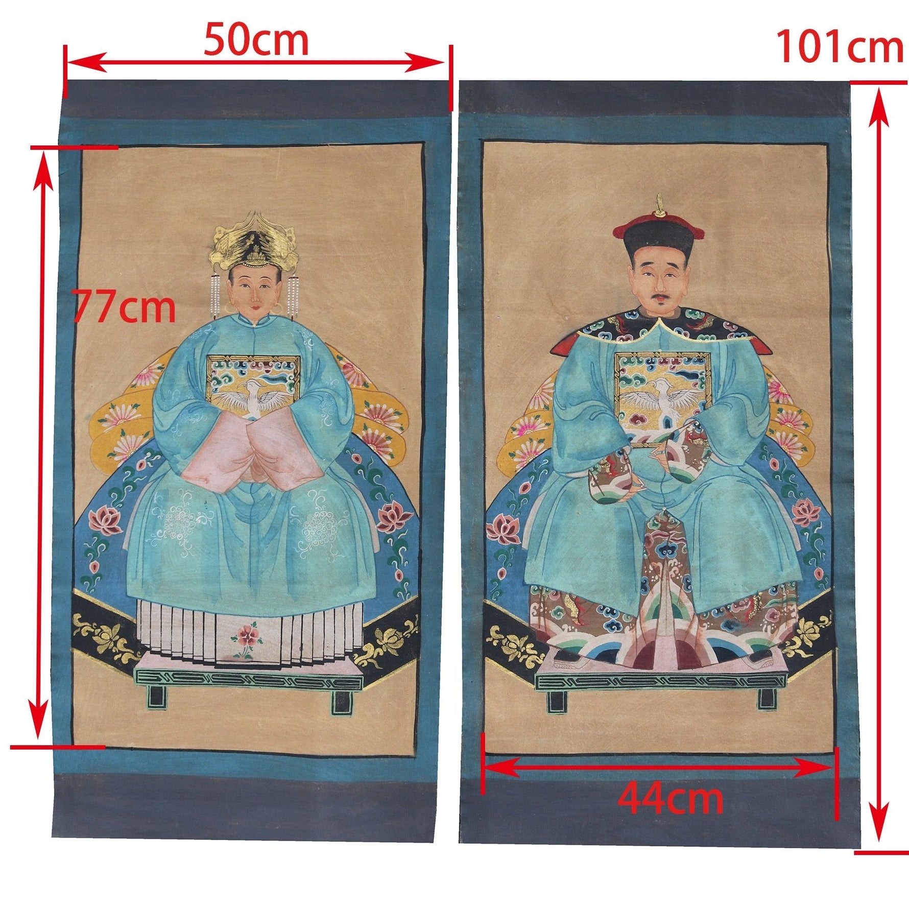 Hand-Painted Qing Dynasty Ancestors in Blue Dresses Wall Canvas Art