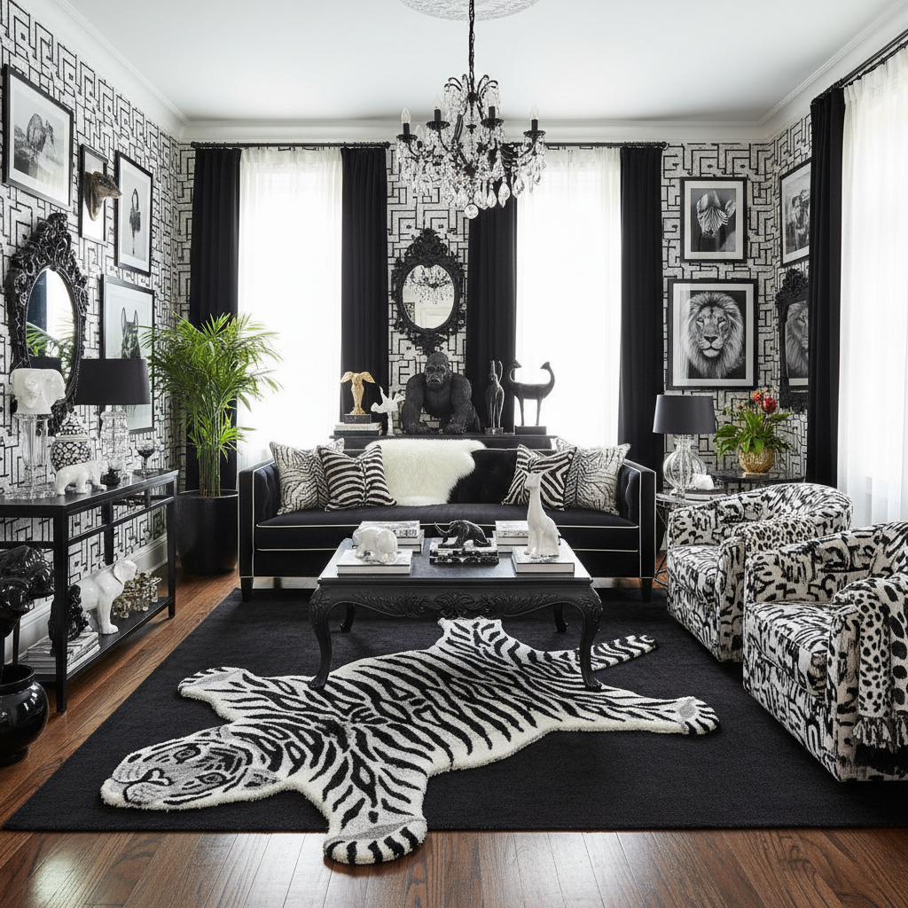 Hand Tufted Black and White Snow Tiger Rug