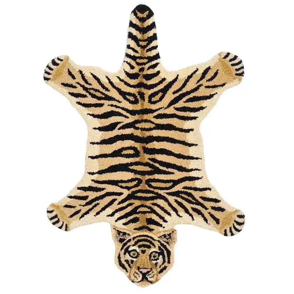 A unique hand-tufted mini tiger wool area rug, perfect for adding a touch of wilderness to your office or dining room. The rug features an abstract tiger design with bold stripes, enhancing any space with its exotic charm. Ideal for those seeking rugs for office settings or a striking wool rug centerpiece.