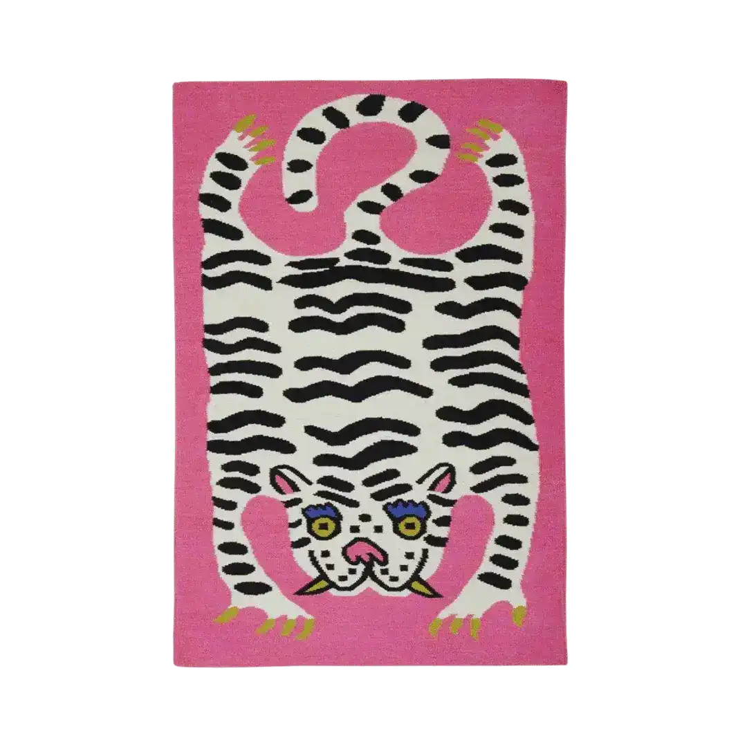 A vibrant hand-tufted pink tiger wool area rug, perfect for adding a pop of color and personality to any large living room or office space. This wool rug features a striking abstract tiger design, reminiscent of a vintage rug style, making it a standout piece among large area rugs and office rugs.