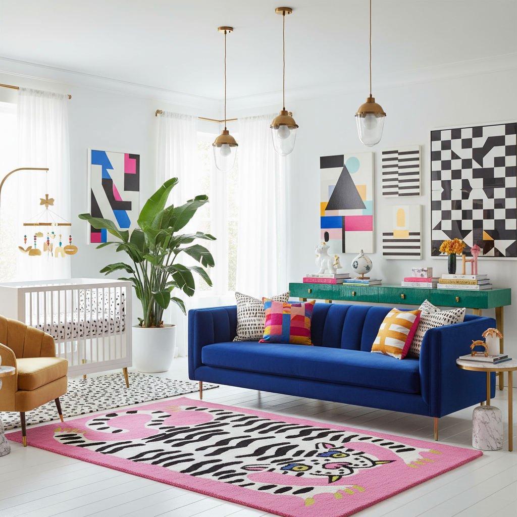 Modern living room with a blue sofa, colorful rug, and abstract art on the walls.
