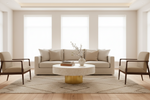 Handcrafted mother of pearl round coffee table with a golden base in a bright, airy living room.