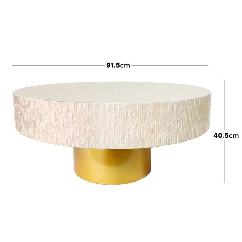 Handmade Bone Inlay Wooden Waterfall Accent Side End Table Handcrafted Mother of Pearl Golden Base Round Coffee Table 