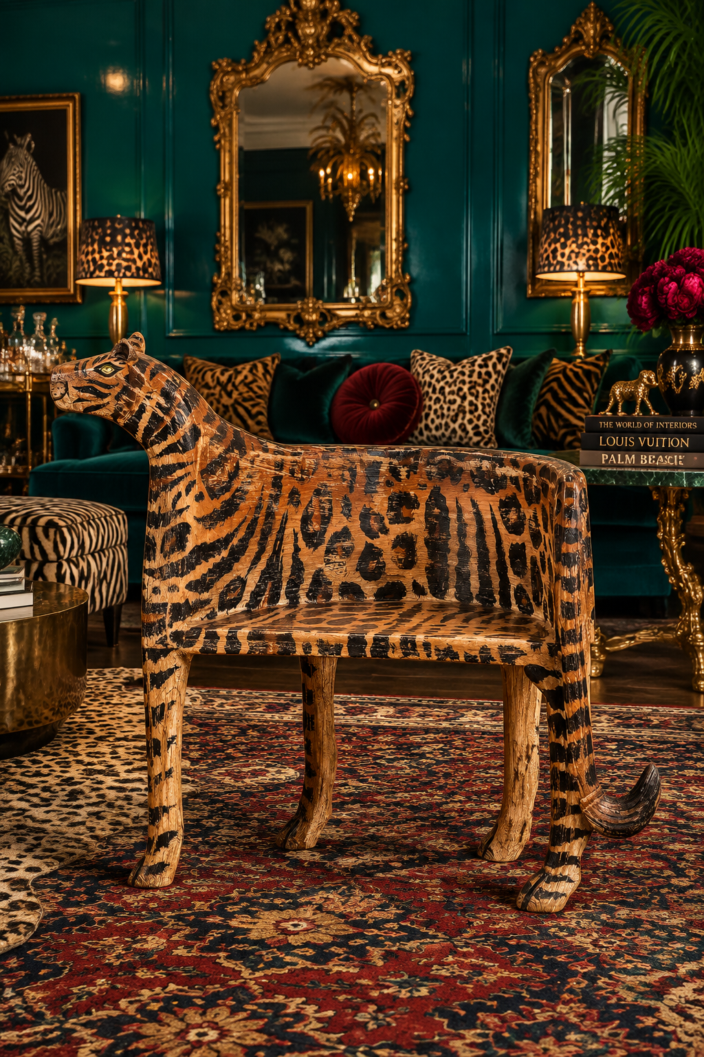Hand-Carved Mango Wood Tiger Accent Chair