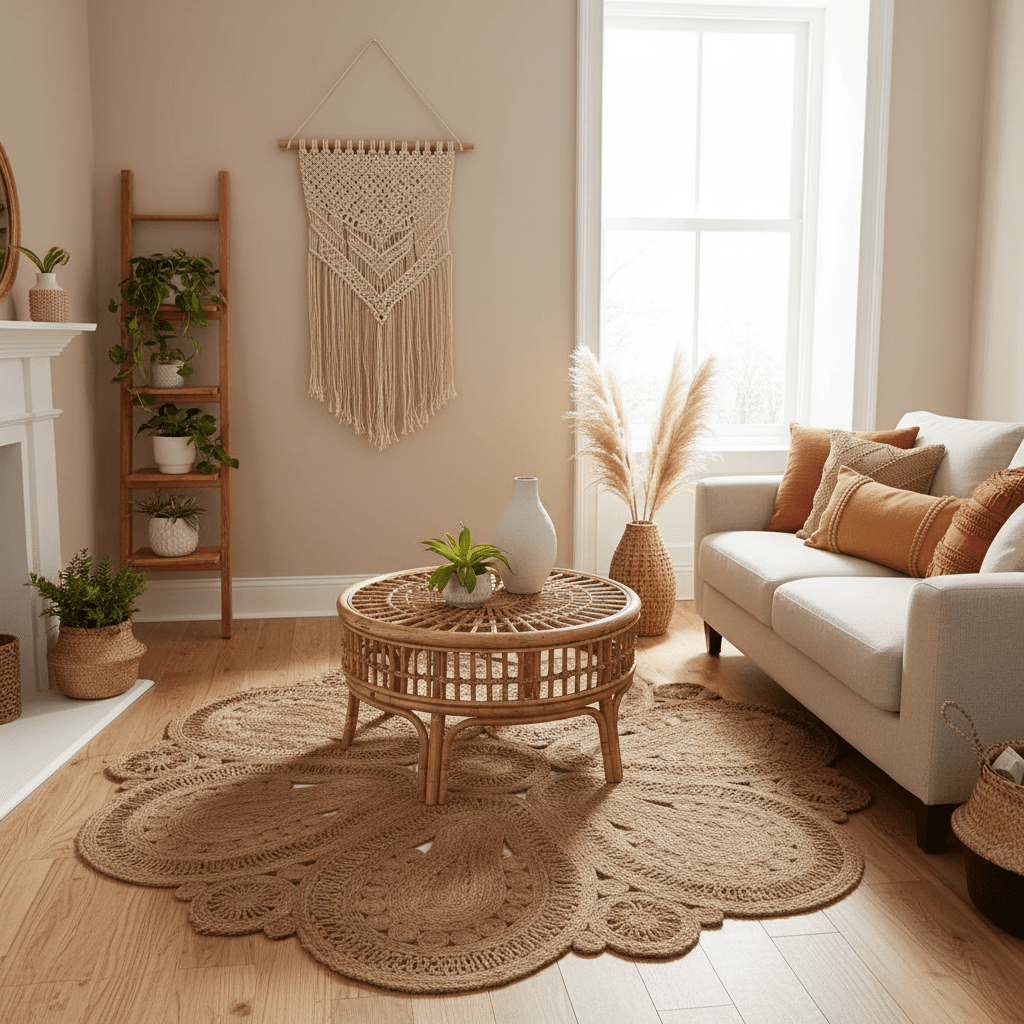 Living room with a white sofa, wicker coffee table, and decorative wall hanging.