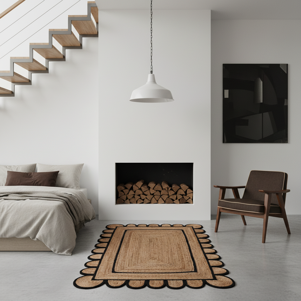 Handmade Black Scalloped Jute Rug