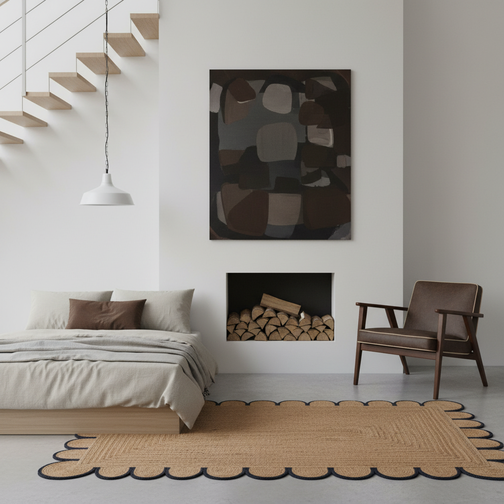 Handmade Black Trim Scalloped Jute Rug