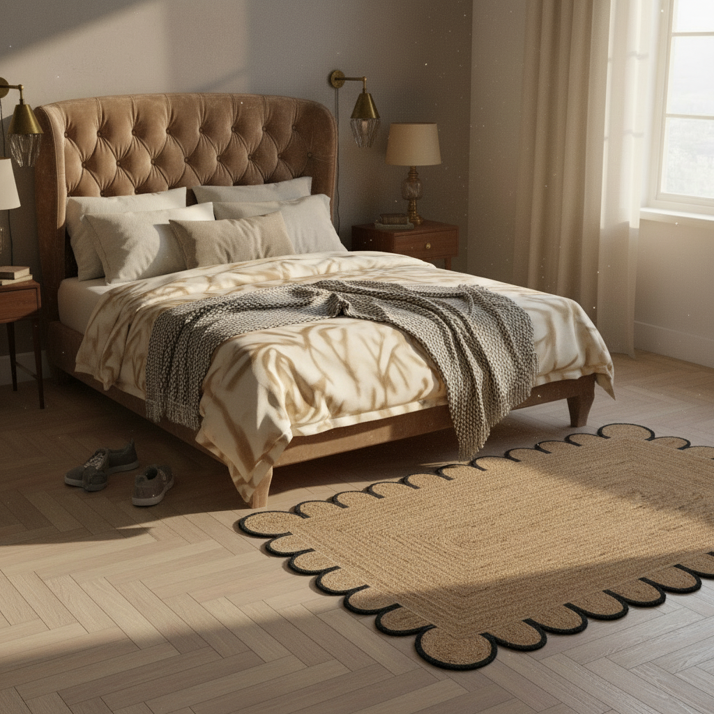 Handmade Black Trim Scalloped Jute Rug