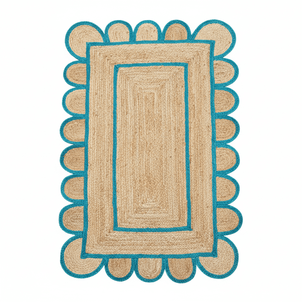 Rectangular jute rug with blue scalloped edge on a white background