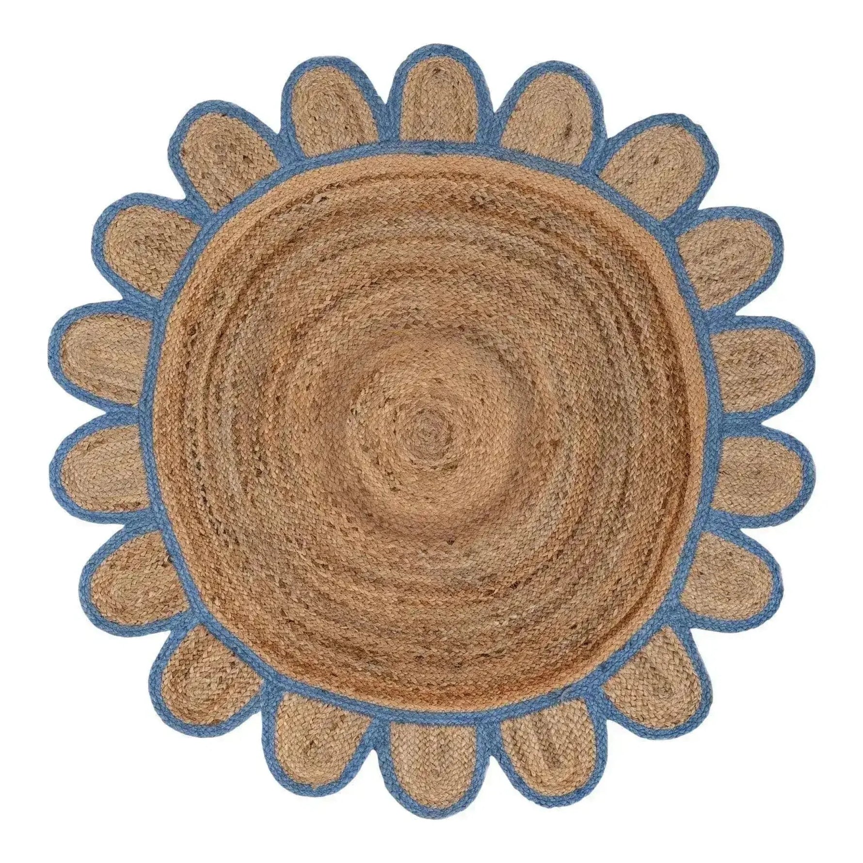A handmade blue scalloped round jute rug, featuring a natural woven texture with a charming blue scalloped edge. Perfect for adding a touch of rustic elegance to a dining room or as a standout piece in large living room areas. This area rug, with its earthy tones and unique design, complements various styles, making it ideal for any living room setting.