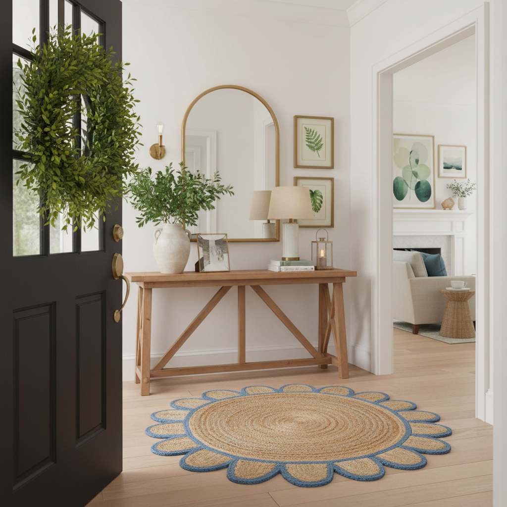 Handmade Blue Scalloped Round Jute Rug
