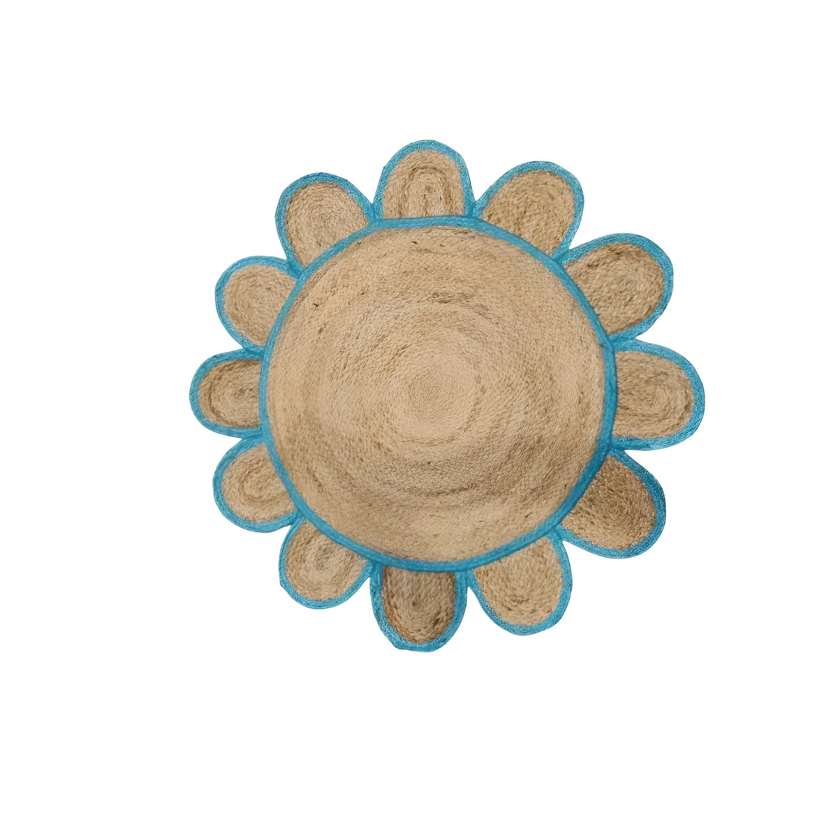 Top view of a handmade blue scalloped round jute rug, perfect for a dining room or large living room. This area rug features a natural jute texture with a unique scalloped edge, offering a stylish touch to area rugs for living room settings.