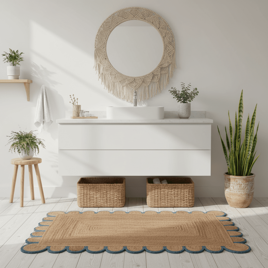 Modern bathroom with white vanity, round mirror, jute rug, and decorative elements.