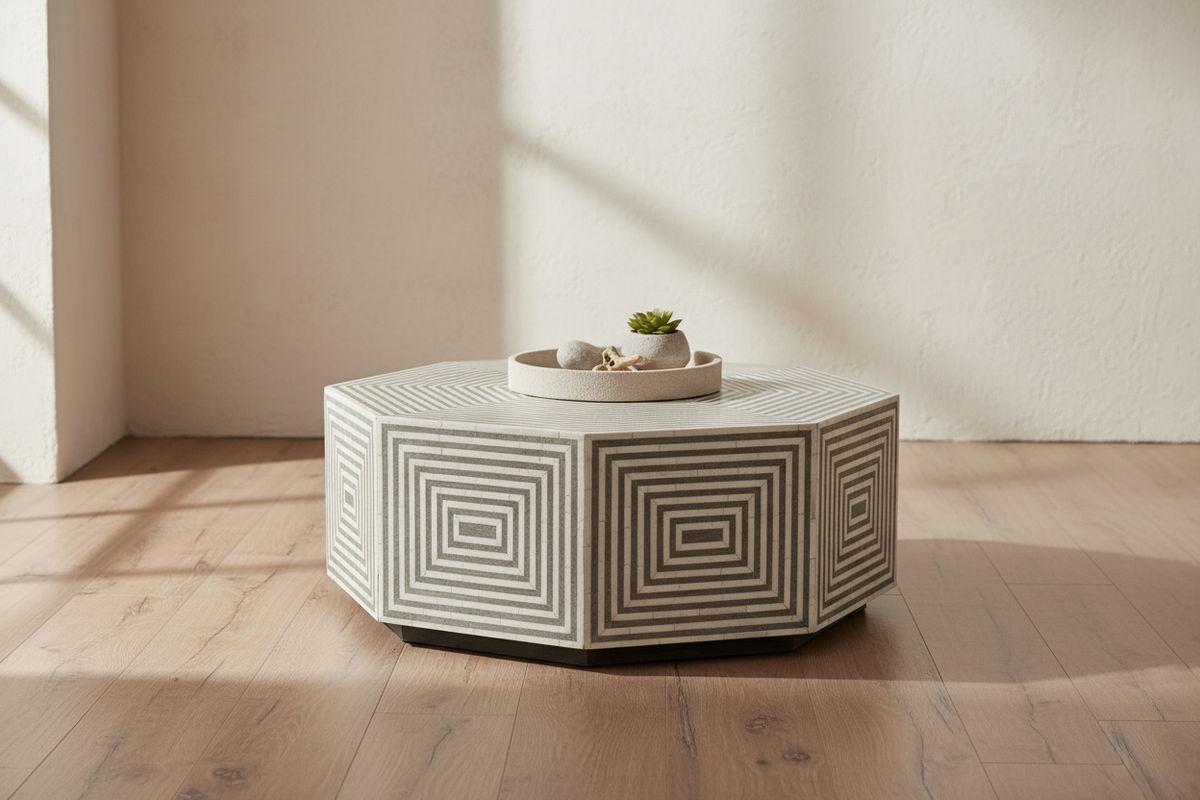 Handmade bone inlay coffee table with a hexagonal top and concentric optical illusion stripes.