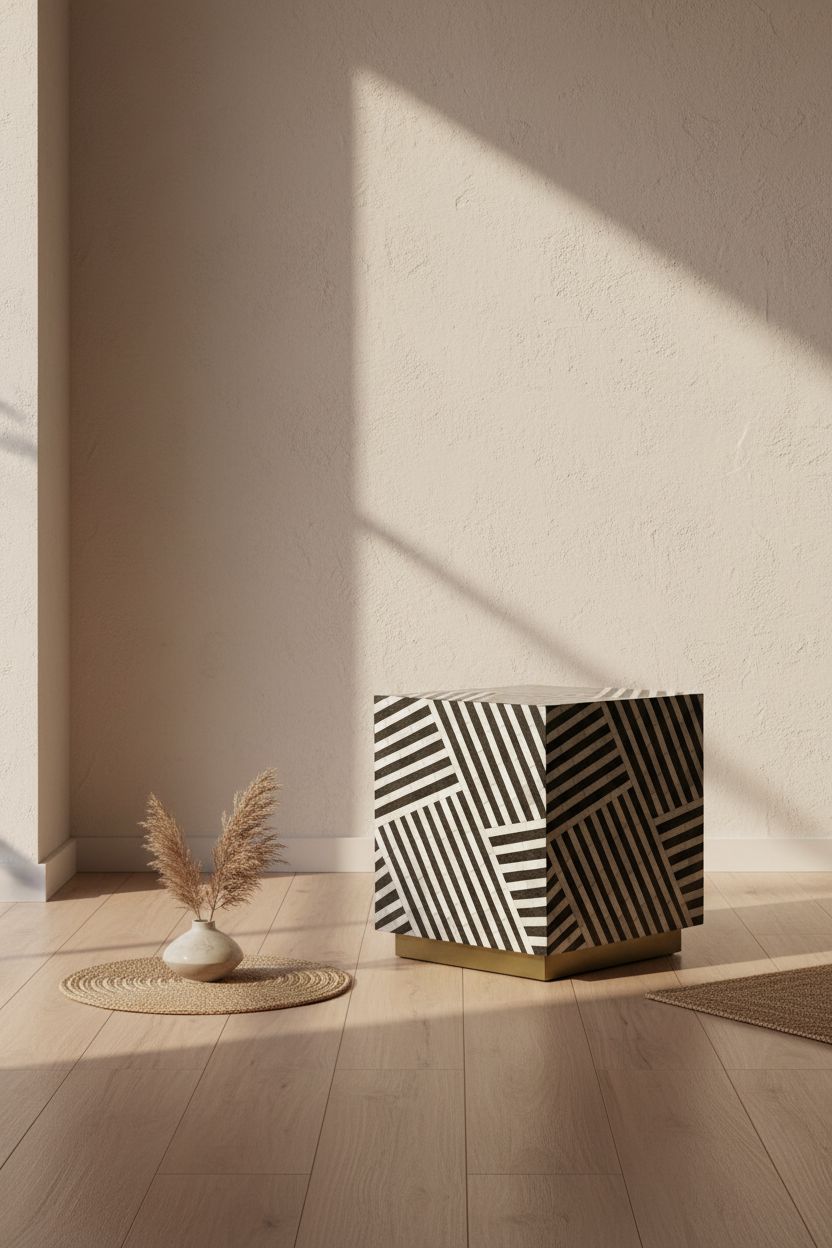 Handmade bone inlay square side table with a black and white striped pattern in a sunlit corner.