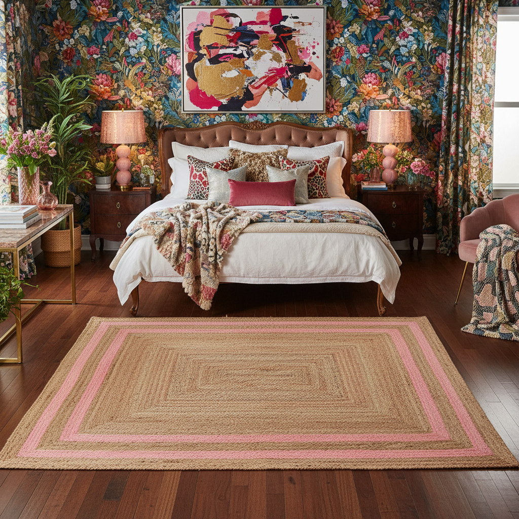 Handmade Chic Pink Borders Jute Rug