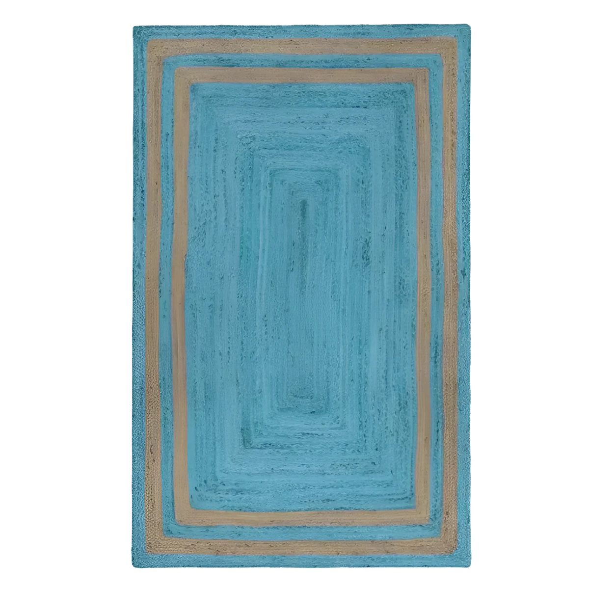 This is a top view of a handmade chic two-toned blue jute area rug, featuring concentric rectangular patterns in vibrant blues and natural jute tones. Ideal for adding a pop of color and texture to dining rooms or living rooms, this area rug enhances any space with its stylish design.
