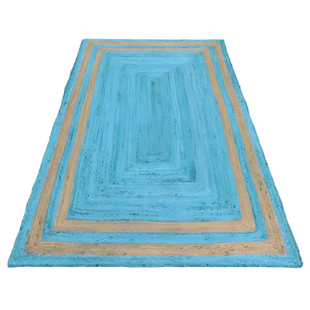 This is a vibrant handmade chic two-toned blue jute area rug, perfect for adding a stylish touch to your dining room or living room. The rectangular design features alternating blue and natural jute colors, ideal for dining room carpets or area rugs for living rooms.