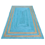 This is a vibrant handmade chic two-toned blue jute area rug, perfect for adding a stylish touch to your dining room or living room. The rectangular design features alternating blue and natural jute colors, ideal for dining room carpets or area rugs for living rooms.