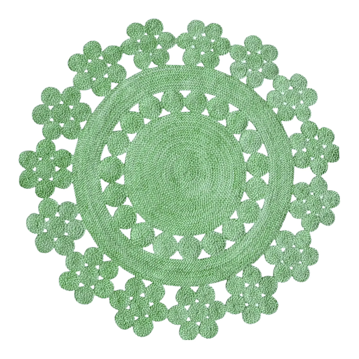 A vibrant green handmade Desi round jute rug perfect for large living room areas. This intricately designed round rug showcases a beautiful floral pattern, making it an ideal choice for those seeking unique living room area rugs.