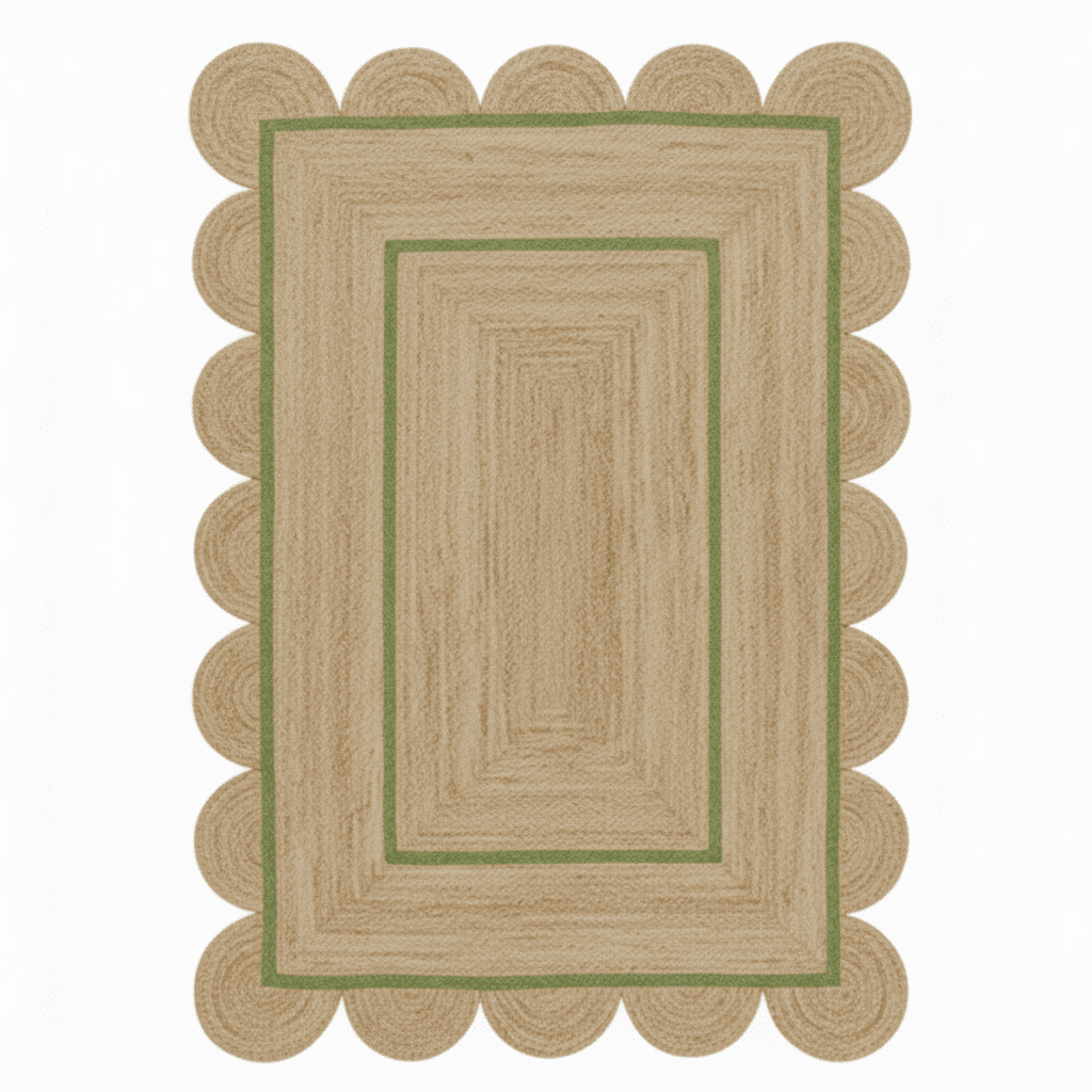 Rectangular jute rug with scalloped edge on a white background