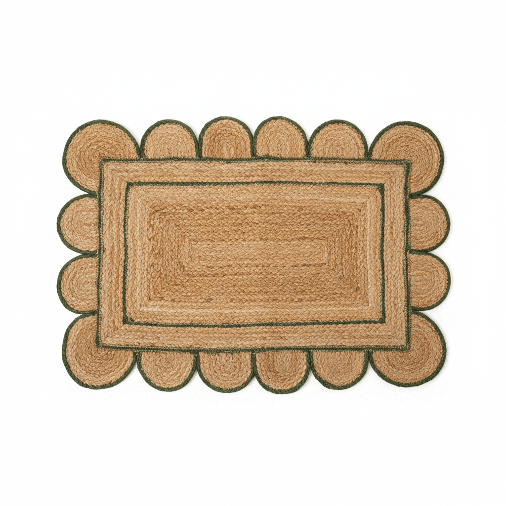 Rectangular jute rug with scalloped edge on a white background