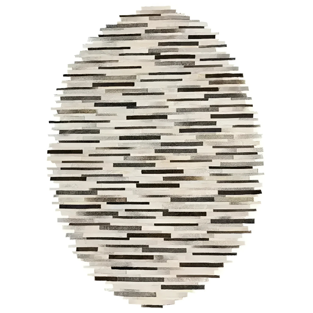 A stylish handmade irregular oval cowhide area rug, featuring a unique pattern of varying shades of brown and beige stripes. This 8x10 rug is perfect for enhancing the aesthetics of your living room, adding a modern and elegant touch to any space.