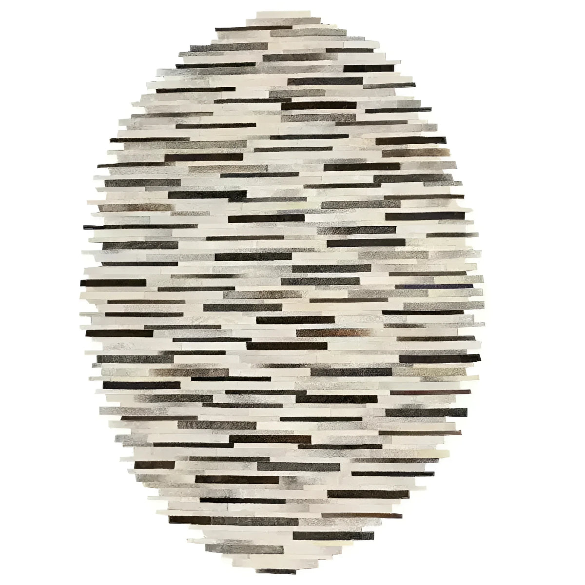 Top view of a handmade irregular oval cowhide area rug with an abstract pattern in neutral tones, perfect for adding a modern touch to your living room. Ideal choice for rugs for living room in 8x10 size.