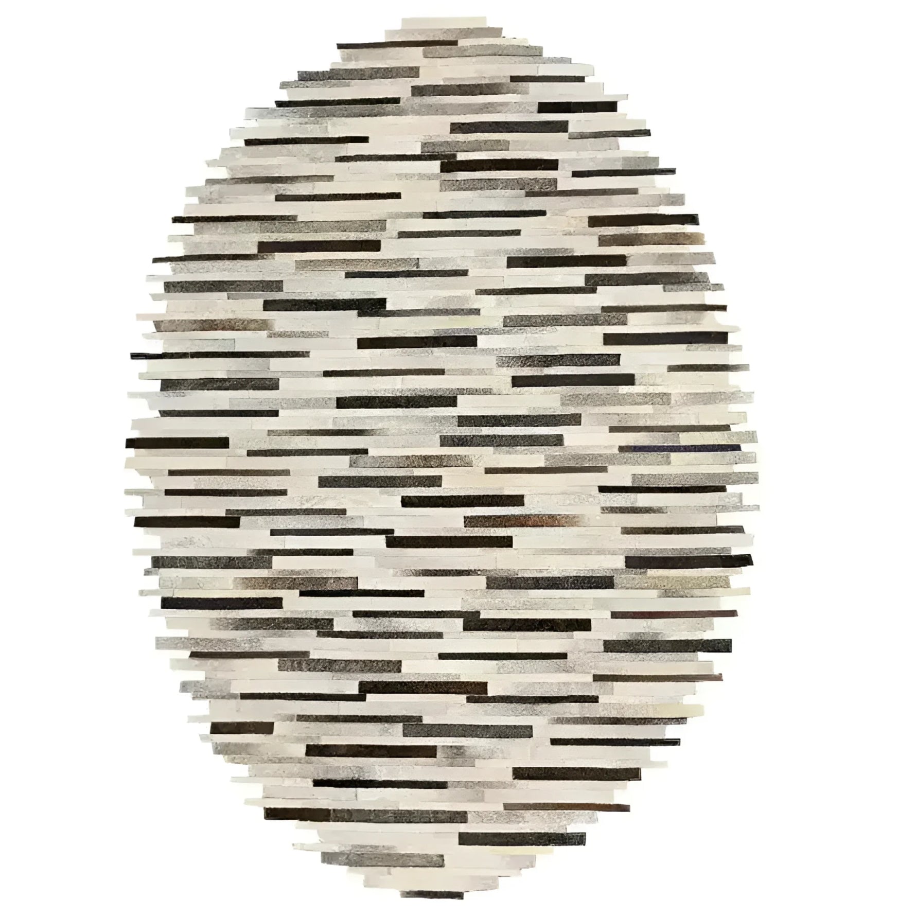 Top view of a handmade irregular oval cowhide area rug with an abstract pattern in neutral tones, perfect for adding a modern touch to your living room. Ideal choice for rugs for living room in 8x10 size.