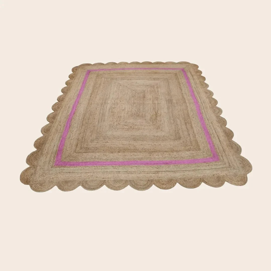 Handmade Large Pink Scalloped Border Jute Rug