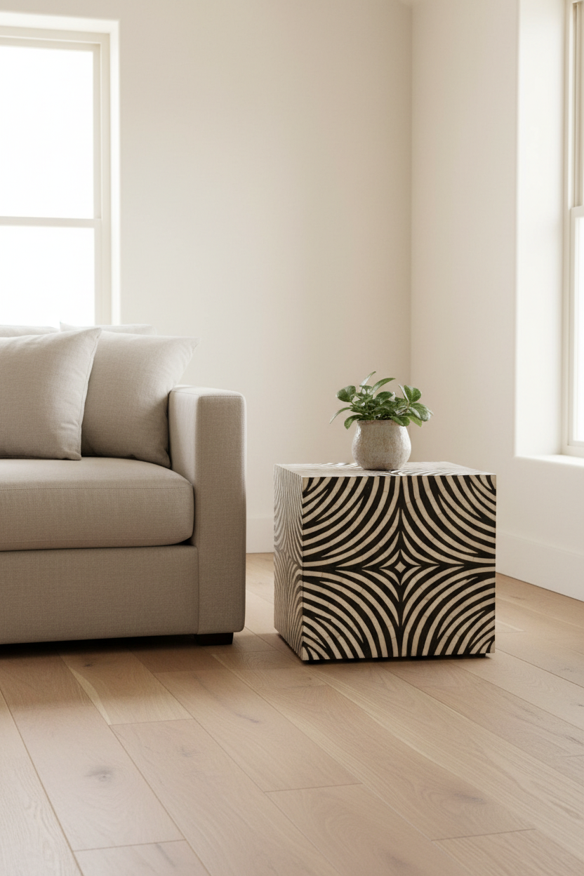 Handmade zebra pattern wooden side end table with curved black and white stripes beside a sofa.