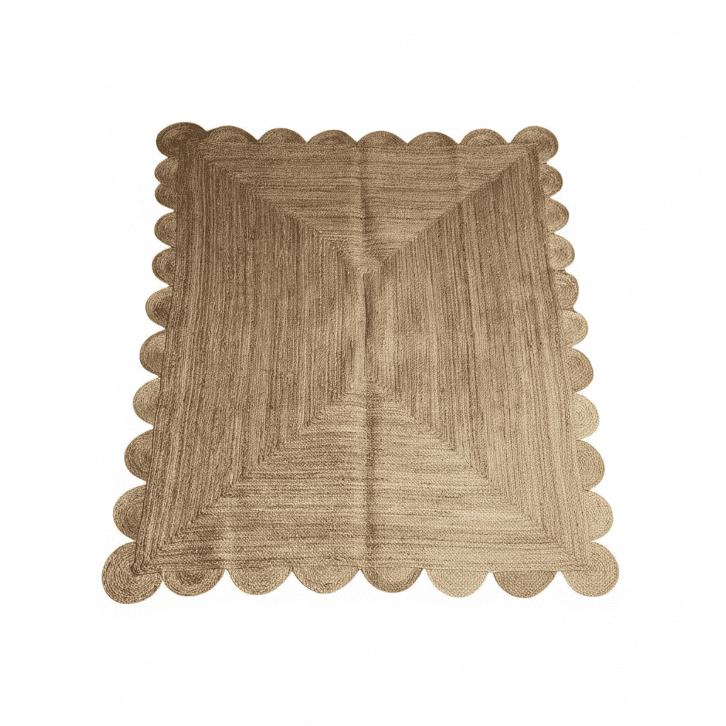 Beige woven jute rug with scalloped edge on a white background