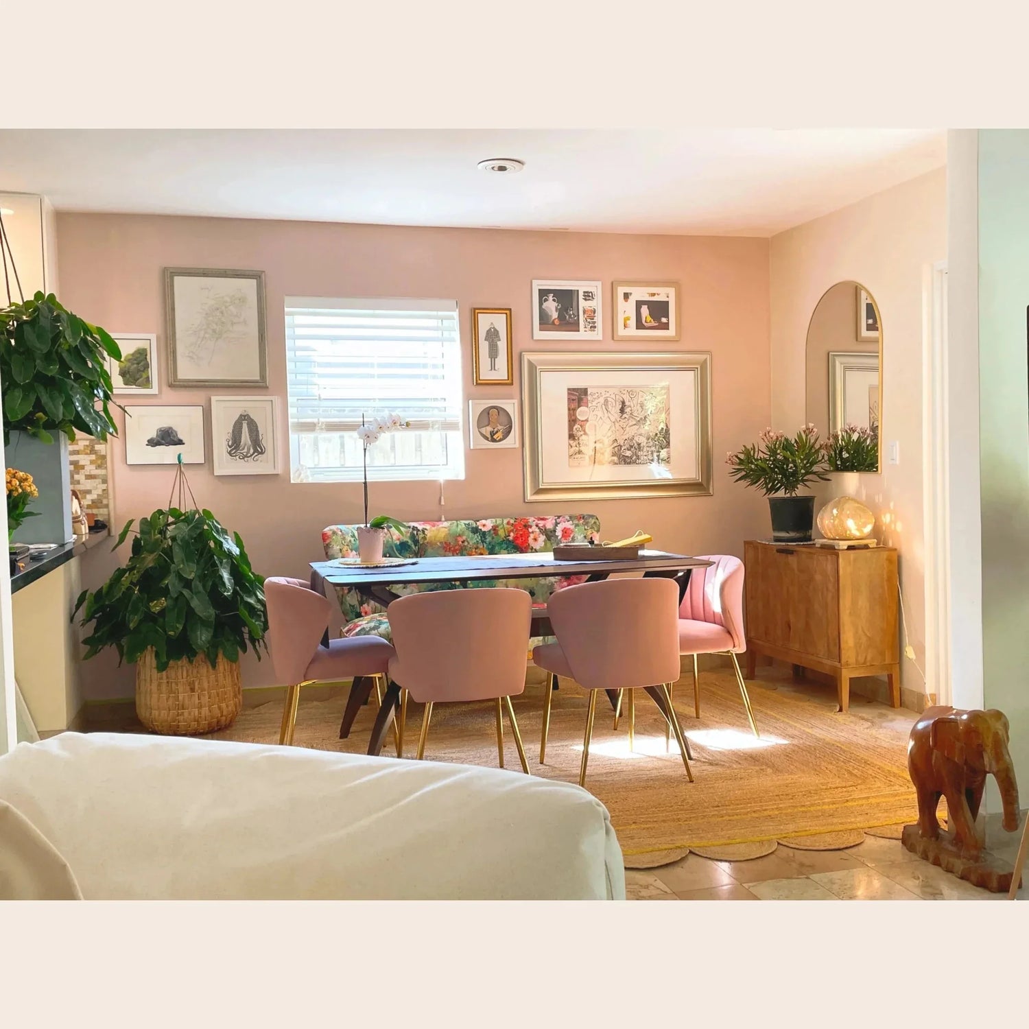 Scalloped jute rug in dining room with pink velvet chairs, floral sofa, gallery wall and warm natural light