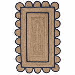 Rectangular jute rug with scalloped edge on a white background