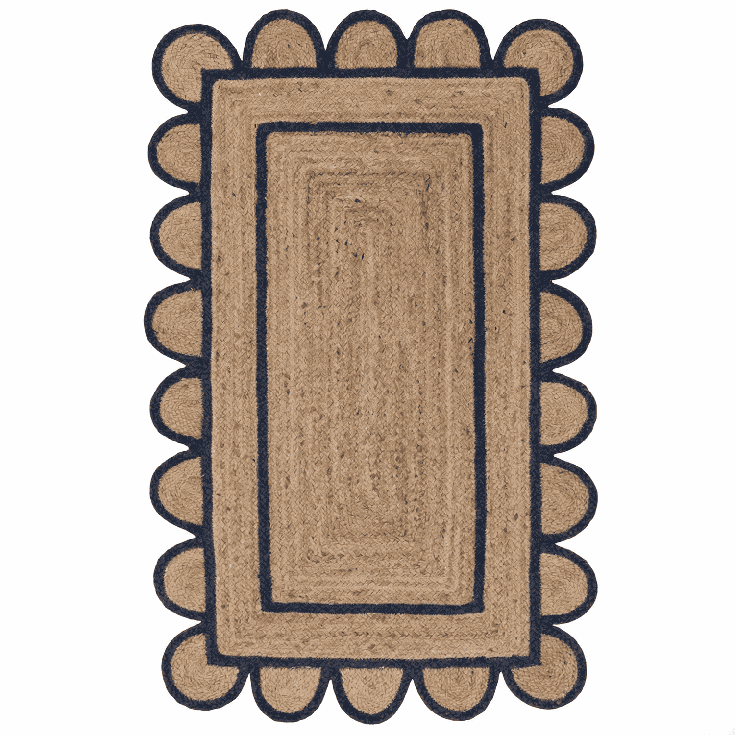 Rectangular jute rug with scalloped edge on a white background