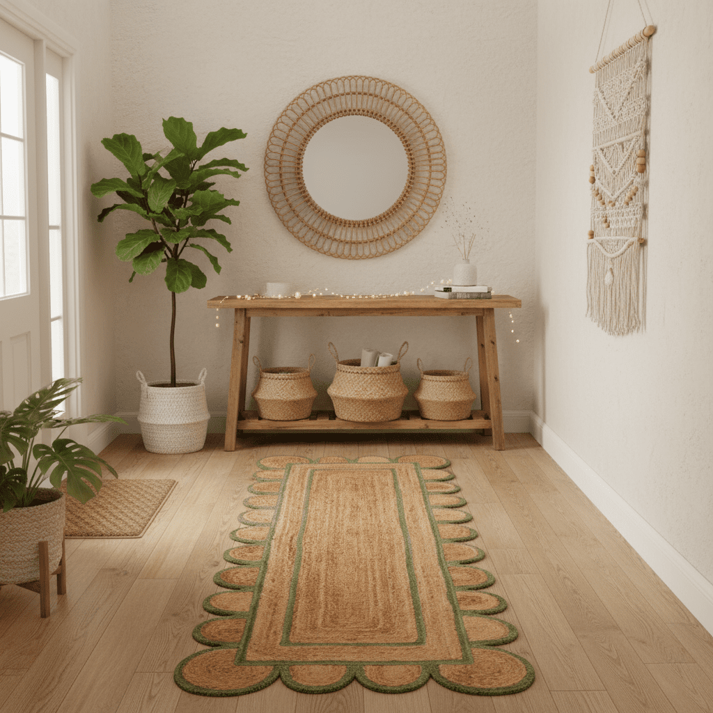 Nestled living room with a woven rug, wooden table, and decorative plants.